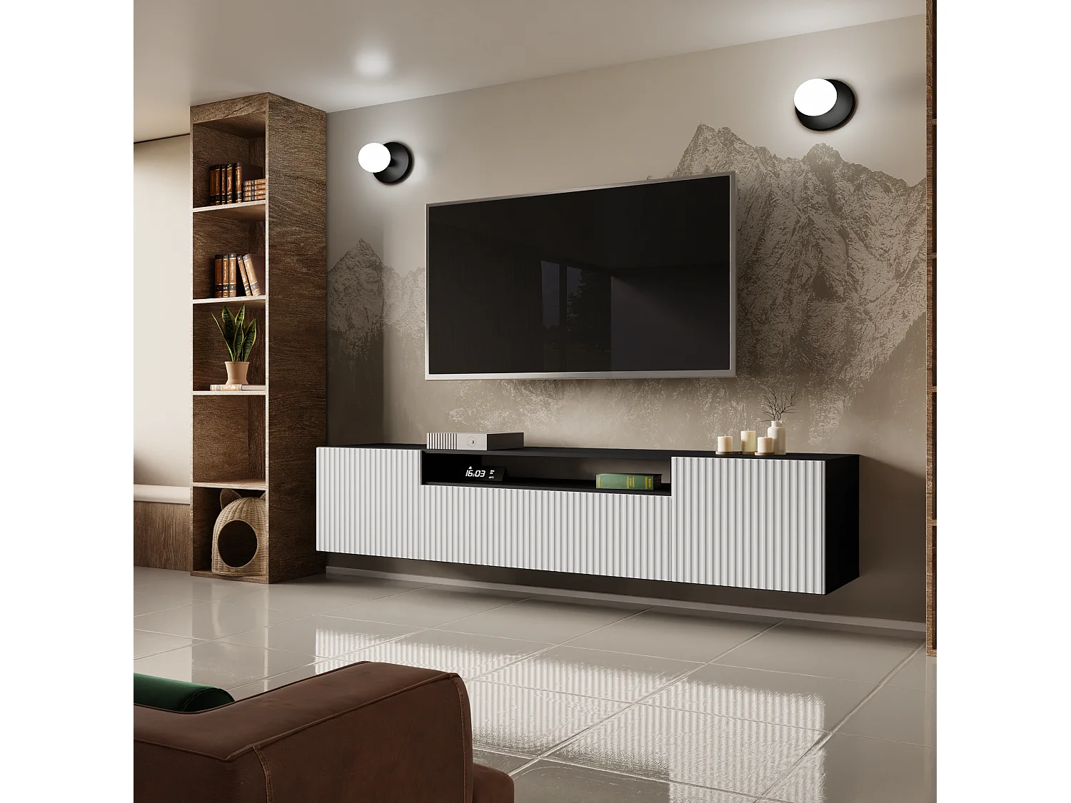 TV-kast Neo, wandmeubel, lowboard, tv-meubel, wandmeubel, woonkamer, tv-kast, televisie, highboard, tv-kast, 200 cm, 3 deuren, zwart, wit