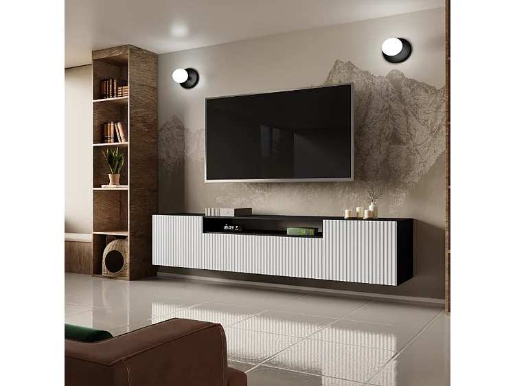 TV-Schrank Neo, Wohnwand, Lowboard, TV Ständer, Wohnwand, Wohnzimmer, TV Board, Fernseher, Highboard, Fernsehschrank, 200 cm, 3-türig, schwarz, weiß