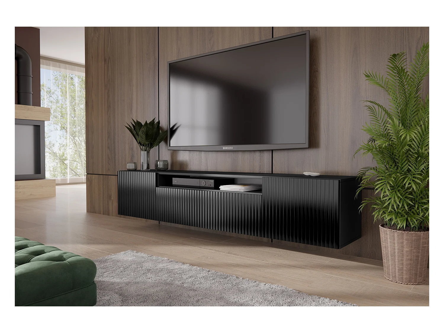 TV-Schrank Marlo Fernsehschrank TV-Lowboard 200 cm vertikal gefräste Fronten modernes Design dreitürig Wohnzimmer Wandmontage (Farbe: schwarz )