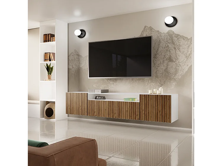 TV-Schrank Mio Fernsehschrank TV-Lowboard 200 cm vertikal gefräste Fronten modernes Design dreitürig Wohnzimmer Wandmontage (Farbe: weiß, catania )