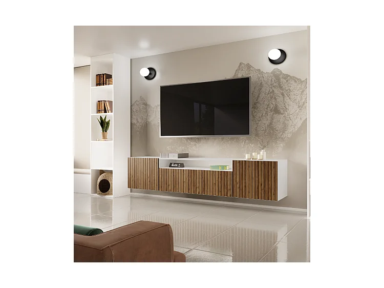 TV-Schrank Mio Fernsehschrank TV-Lowboard 200 cm vertikal gefräste Fronten modernes Design dreitürig Wohnzimmer Wandmontage (Farbe: weiß, catania )