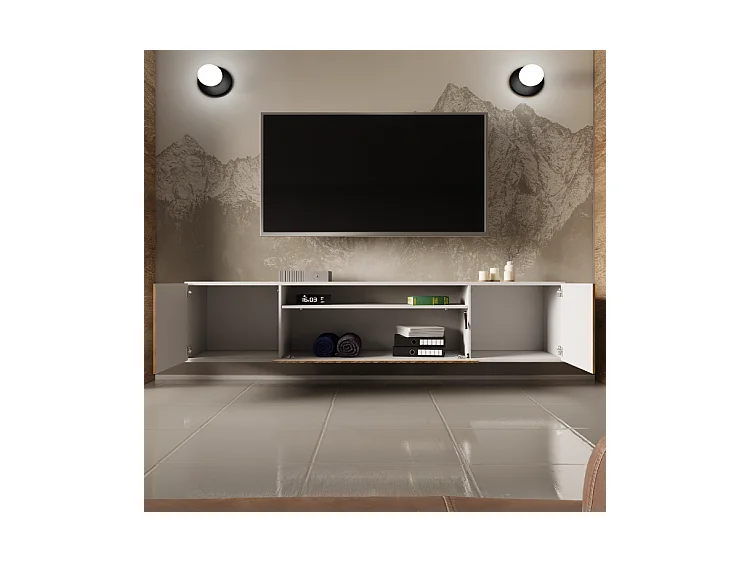 TV-Schrank Mio Fernsehschrank TV-Lowboard 200 cm vertikal gefräste Fronten modernes Design dreitürig Wohnzimmer Wandmontage (Farbe: weiß, catania )