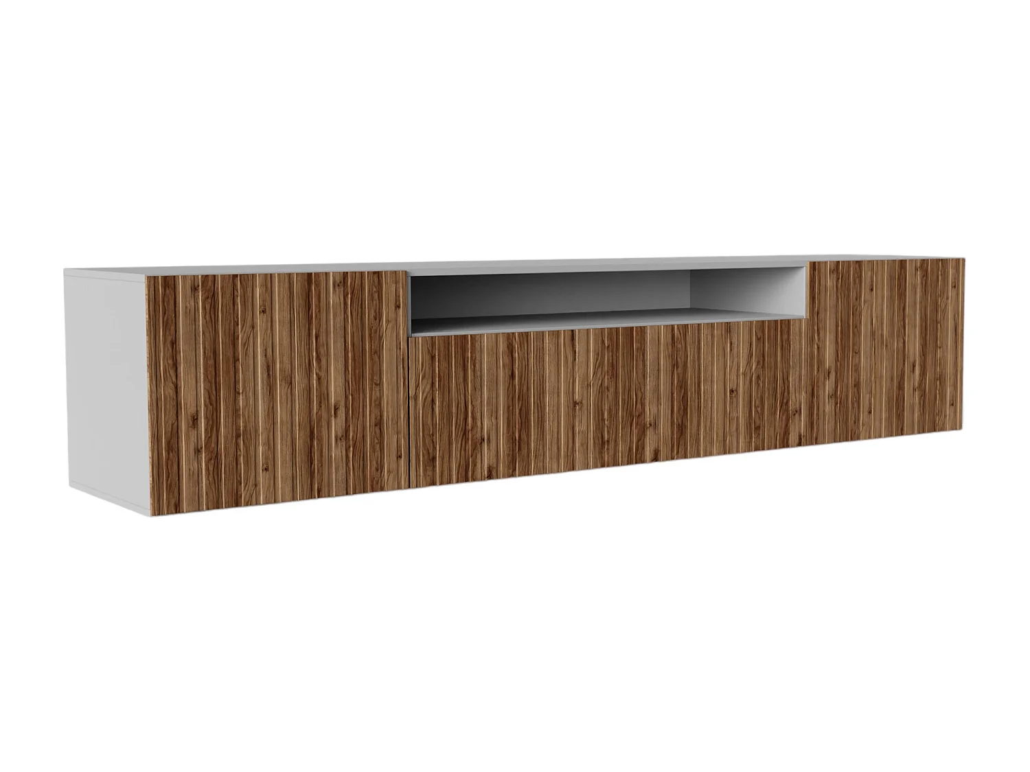 TV-Schrank Mio Fernsehschrank TV-Lowboard 200 cm vertikal gefräste Fronten modernes Design dreitürig Wohnzimmer Wandmontage (Farbe: weiß, catania )