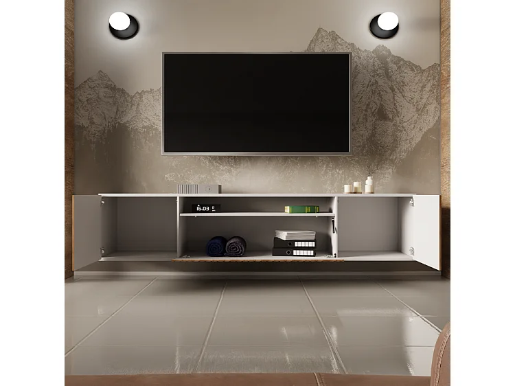 TV-Schrank Mio Fernsehschrank TV-Lowboard 200 cm vertikal gefräste Fronten modernes Design dreitürig Wohnzimmer Wandmontage (Farbe: weiß, catania )