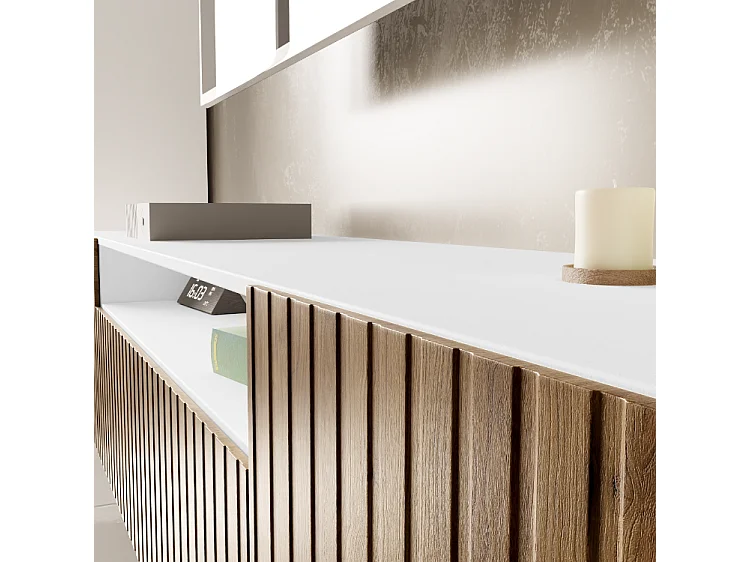 TV-Schrank Mio Fernsehschrank TV-Lowboard 200 cm vertikal gefräste Fronten modernes Design dreitürig Wohnzimmer Wandmontage (Farbe: weiß, catania )