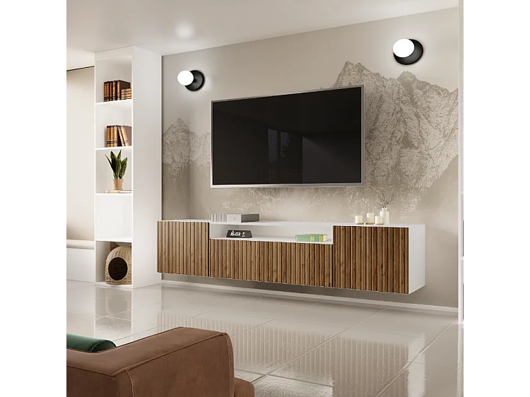 TV-Schrank Mio Fernsehschrank TV-Lowboard 200 cm vertikal gefräste Fronten modernes Design dreitürig Wohnzimmer Wandmontage (Farbe: weiß, catania )