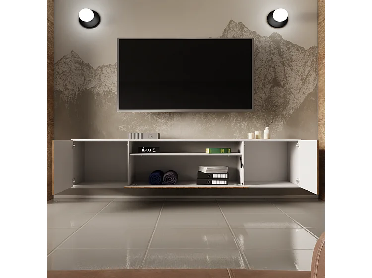 TV-Schrank Mio Fernsehschrank TV-Lowboard 200 cm vertikal gefräste Fronten modernes Design dreitürig Wohnzimmer Wandmontage (Farbe: weiß, catania )