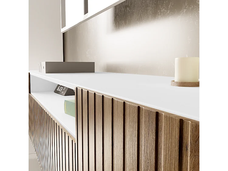 TV-Schrank Mio Fernsehschrank TV-Lowboard 200 cm vertikal gefräste Fronten modernes Design dreitürig Wohnzimmer Wandmontage (Farbe: weiß, catania )