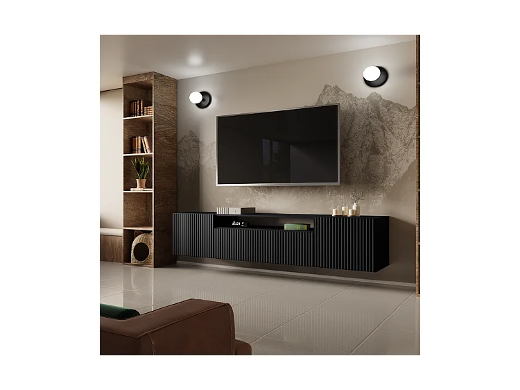 TV-Schrank Neo, Wohnwand, Lowboard, TV Ständer, Wohnwand, Wohnzimmer, TV Board, Fernseher, Highboard, Fernsehschrank, 200 cm, 3-türig, schwarz