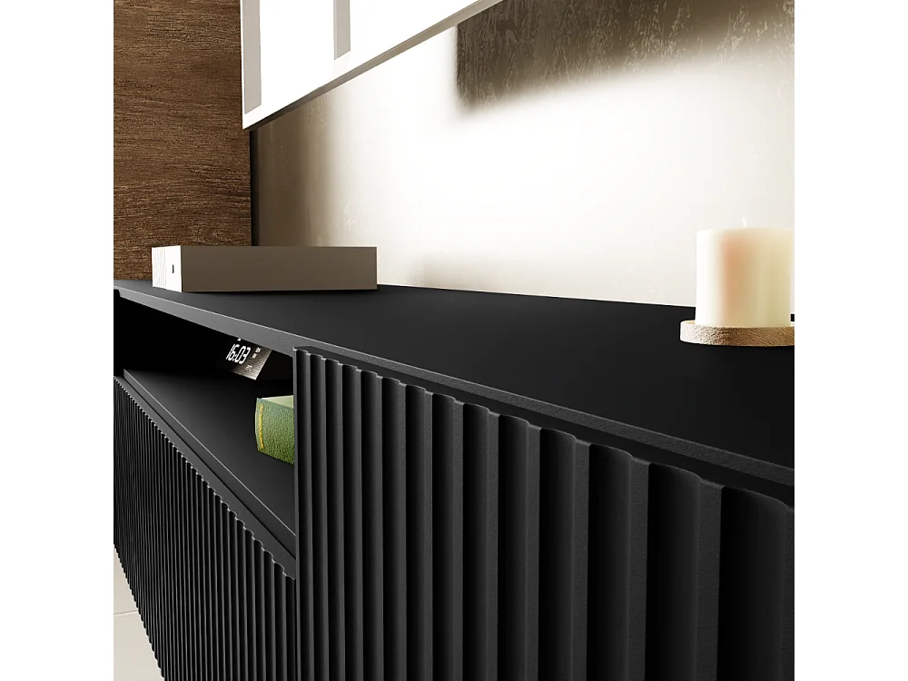 TV-Schrank Neo, Wohnwand, Lowboard, TV Ständer, Wohnwand, Wohnzimmer, TV Board, Fernseher, Highboard, Fernsehschrank, 200 cm, 3-türig, schwarz