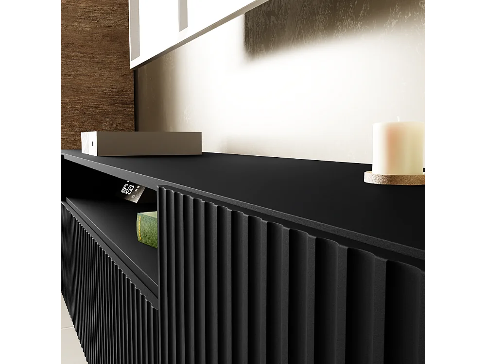 TV-Schrank Neo, Wohnwand, Lowboard, TV Ständer, Wohnwand, Wohnzimmer, TV Board, Fernseher, Highboard, Fernsehschrank, 200 cm, 3-türig, schwarz