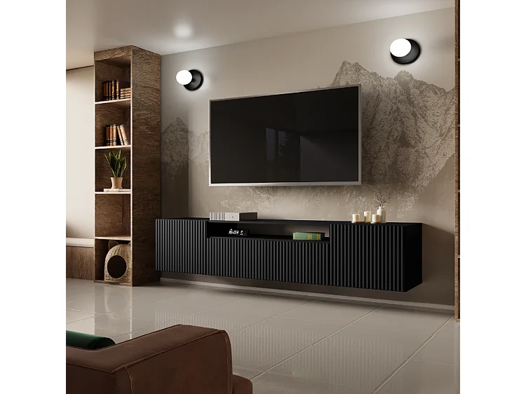 TV-Schrank Neo, Wohnwand, Lowboard, TV Ständer, Wohnwand, Wohnzimmer, TV Board, Fernseher, Highboard, Fernsehschrank, 200 cm, 3-türig, schwarz