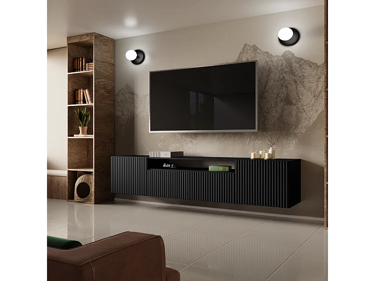 TV-Schrank Neo, Wohnwand, Lowboard, TV Ständer, Wohnwand, Wohnzimmer, TV Board, Fernseher, Highboard, Fernsehschrank, 200 cm, 3-türig, schwarz