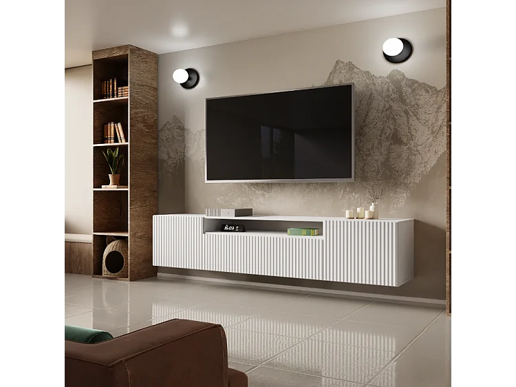 TV-Schrank Neo, Wohnwand, Lowboard, TV Ständer, Wohnwand, Wohnzimmer, TV Board, Fernseher, Highboard, Fernsehschrank, 200 cm, 3-türig, weiß