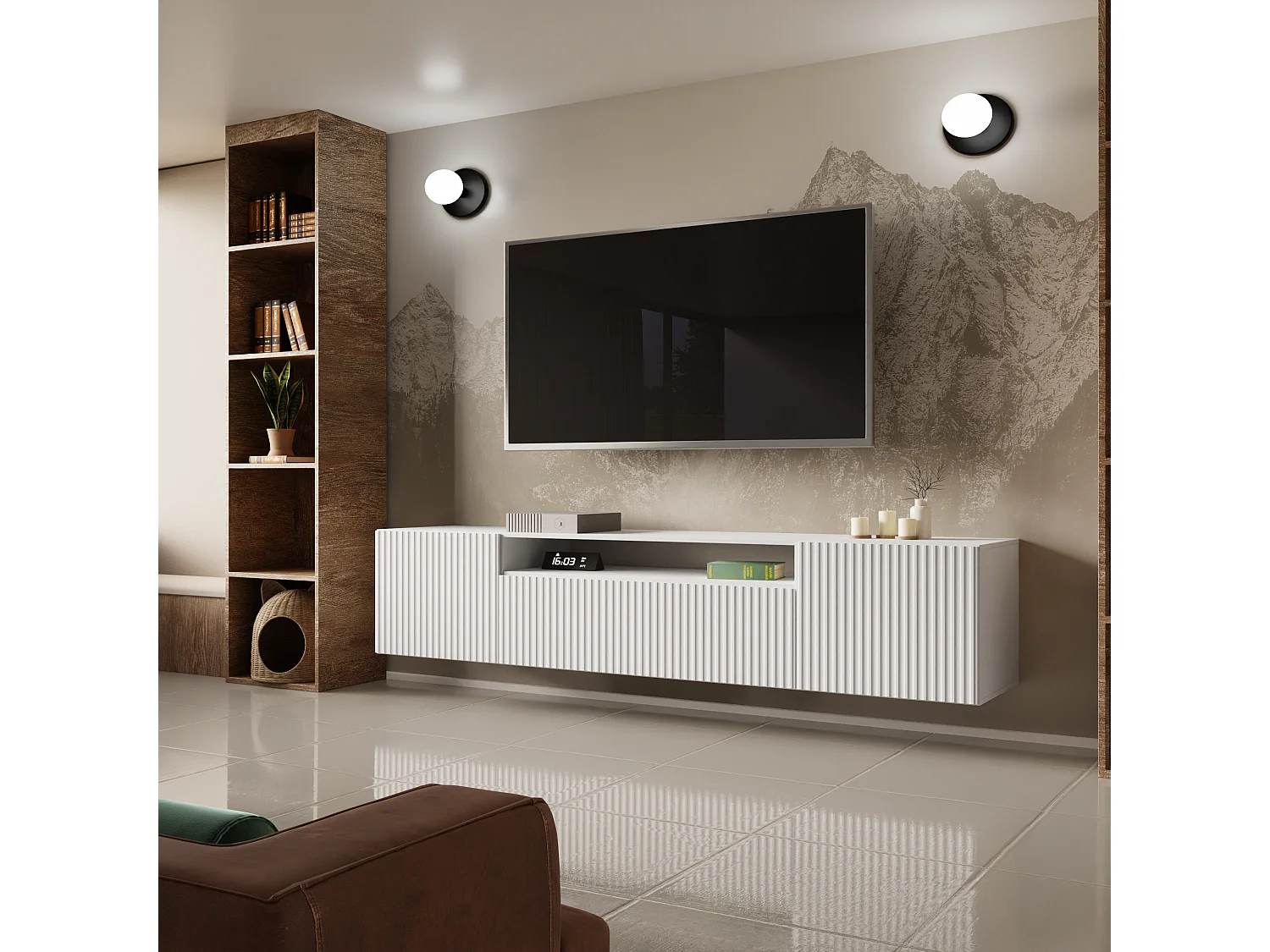 Meuble TV Neo, meuble haut, meuble TV bas, meuble TV, meuble mural, salon, meuble TV, télévision, buffet haut, meuble TV, 200 cm, 3 portes, blanc