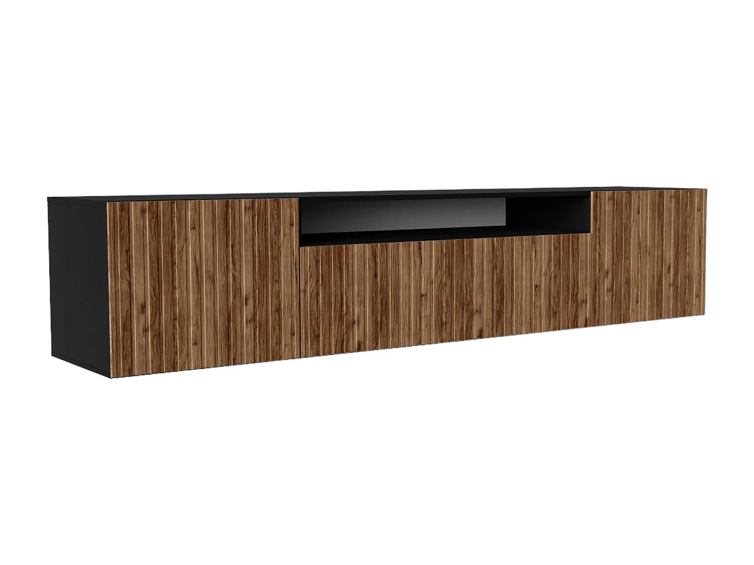 TV-Schrank Mio Fernsehschrank TV-Lowboard 200 cm vertikal gefräste Fronten modernes Design dreitürig Wohnzimmer Wandmontage (Farbe: schwarz, catania )