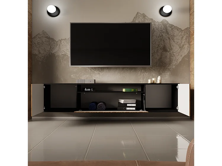 TV-Schrank Mio Fernsehschrank TV-Lowboard 200 cm vertikal gefräste Fronten modernes Design dreitürig Wohnzimmer Wandmontage (Farbe: schwarz, catania )