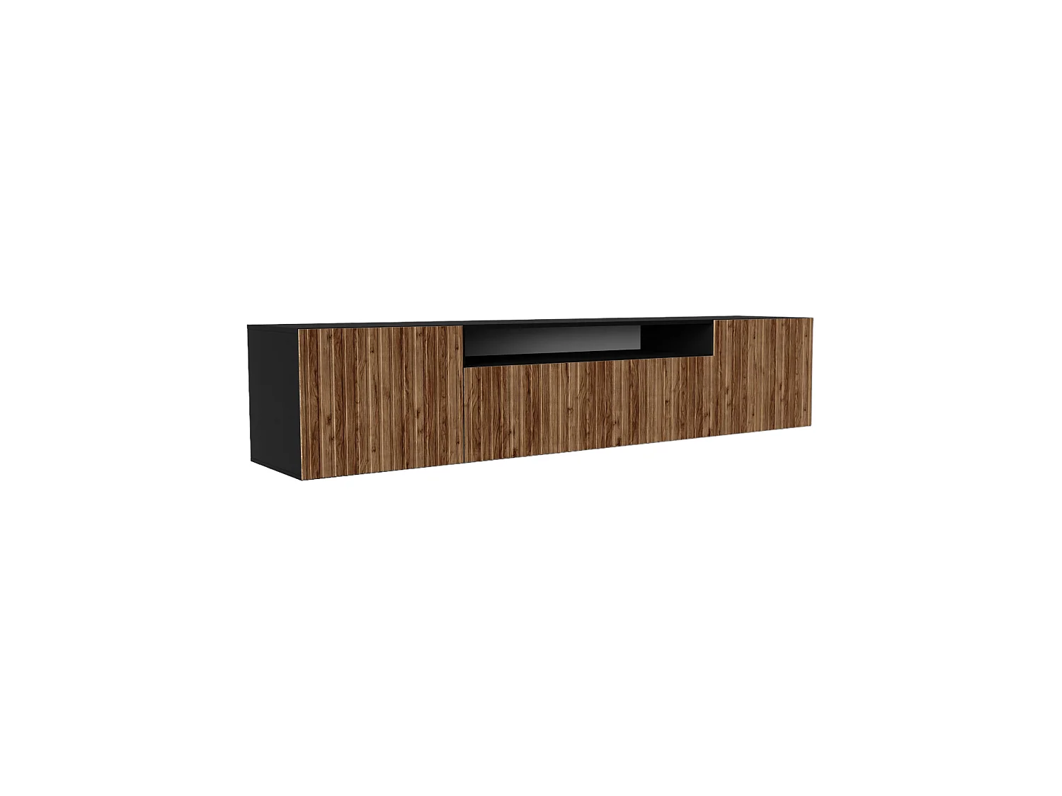 TV-Schrank Mio Fernsehschrank TV-Lowboard 200 cm vertikal gefräste Fronten modernes Design dreitürig Wohnzimmer Wandmontage (Farbe: schwarz, catania )