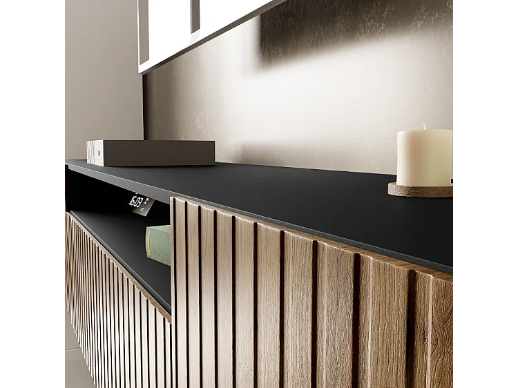 TV-Schrank Mio Fernsehschrank TV-Lowboard 200 cm vertikal gefräste Fronten modernes Design dreitürig Wohnzimmer Wandmontage (Farbe: schwarz, catania )