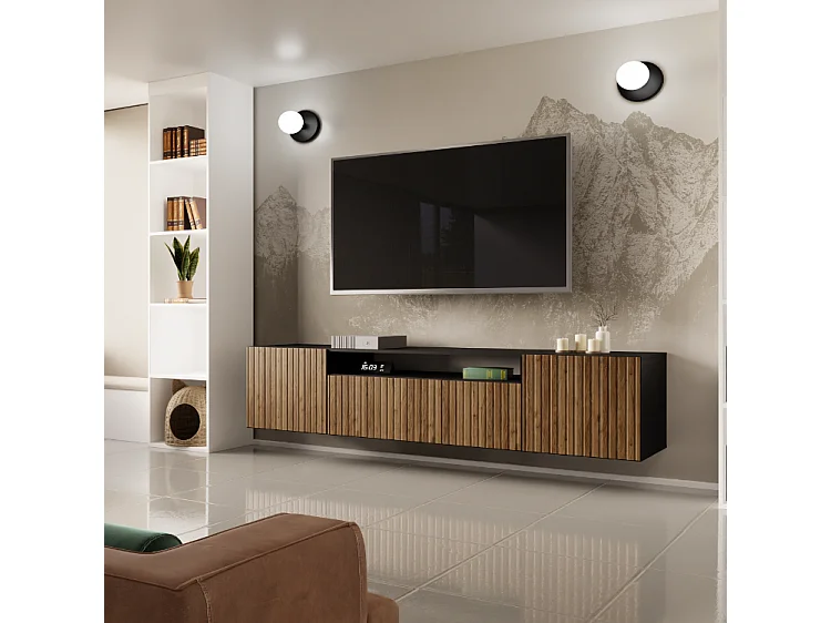 TV-Schrank Mio Fernsehschrank TV-Lowboard 200 cm vertikal gefräste Fronten modernes Design dreitürig Wohnzimmer Wandmontage (Farbe: schwarz, catania )