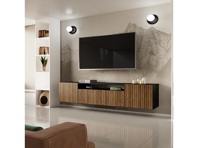 TV-Schrank Mio Fernsehschrank TV-Lowboard 200 cm vertikal gefräste Fronten modernes Design dreitürig Wohnzimmer Wandmontage (Farbe: schwarz, catania )