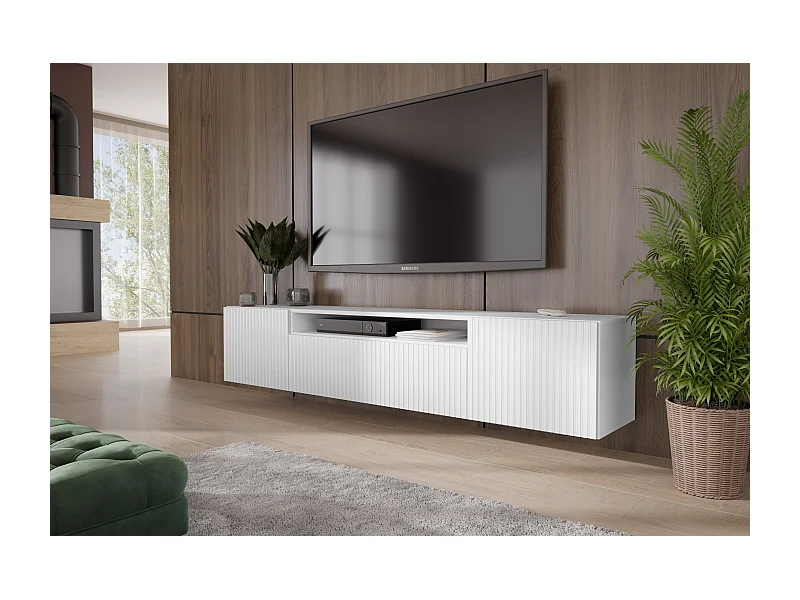 TV-Schrank Marlo Fernsehschrank TV-Lowboard 200 cm vertikal gefräste Fronten modernes Design dreitürig Wohnzimmer Wandmontage (Farbe: weiß )