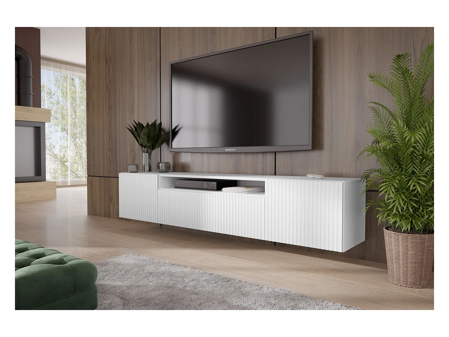 TV-Schrank Marlo Fernsehschrank TV-Lowboard 200 cm vertikal gefräste Fronten modernes Design dreitürig Wohnzimmer Wandmontage (Farbe: weiß )