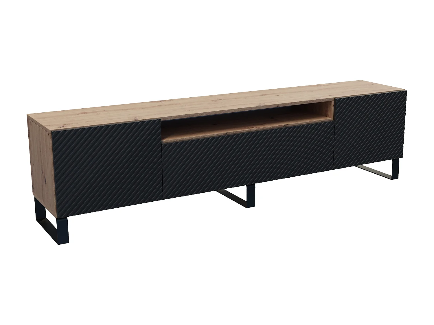 TV-Schrank Nicole III Fernsehschrank TV-Lowboard 200 cm Design dreitürig Wohnzimmer Push-To-Open Funktion gefräste Fronten (Farbe: Eiche artisan, schwarz)