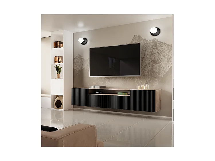 TV-Schrank Neo, Wohnwand, Lowboard, TV Ständer, Wohnwand, Wohnzimmer, TV Board, Fernseher, Highboard, Fernsehschrank, 200 cm, 3-türig, artisan, schwarz