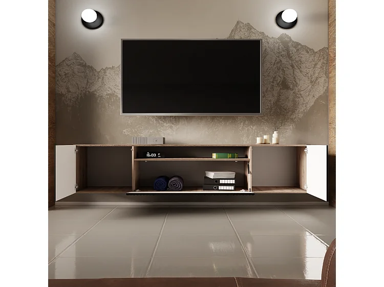 TV-Schrank Neo, Wohnwand, Lowboard, TV Ständer, Wohnwand, Wohnzimmer, TV Board, Fernseher, Highboard, Fernsehschrank, 200 cm, 3-türig, artisan, schwarz