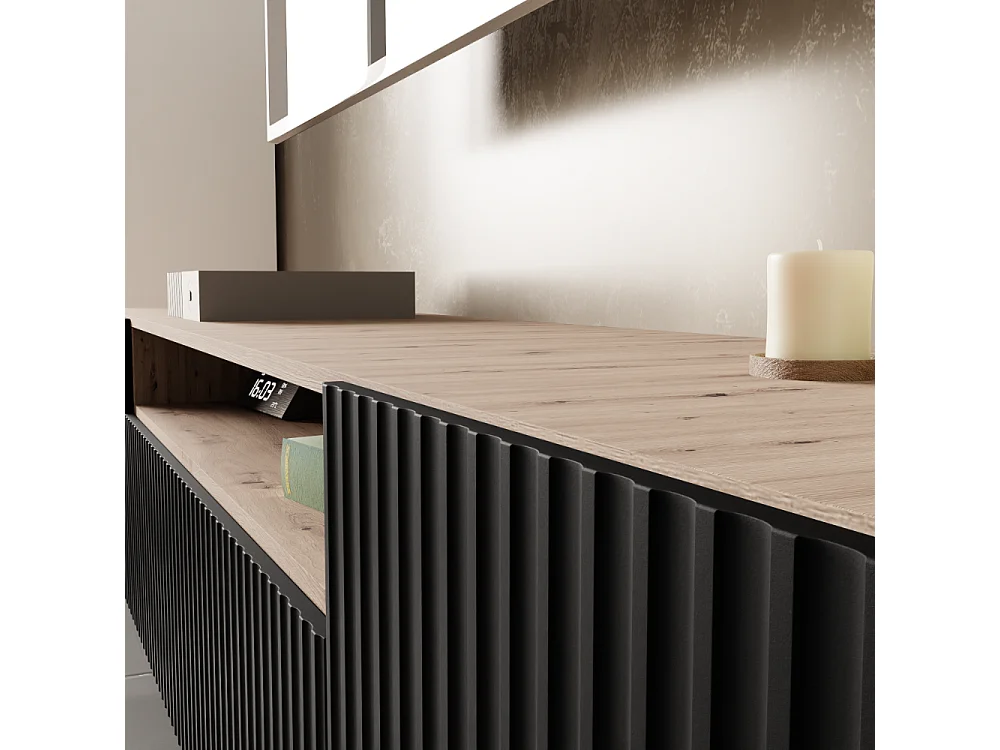 TV-Schrank Neo, Wohnwand, Lowboard, TV Ständer, Wohnwand, Wohnzimmer, TV Board, Fernseher, Highboard, Fernsehschrank, 200 cm, 3-türig, artisan, schwarz