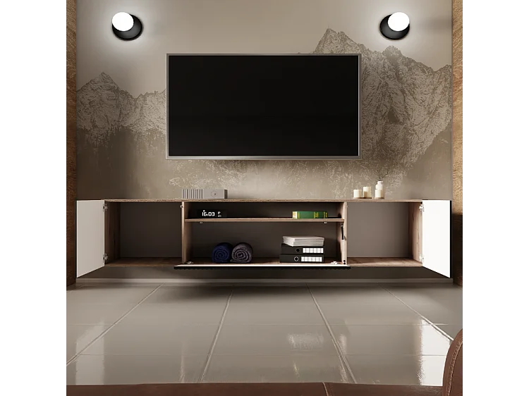 TV-Schrank Neo, Wohnwand, Lowboard, TV Ständer, Wohnwand, Wohnzimmer, TV Board, Fernseher, Highboard, Fernsehschrank, 200 cm, 3-türig, artisan, schwarz