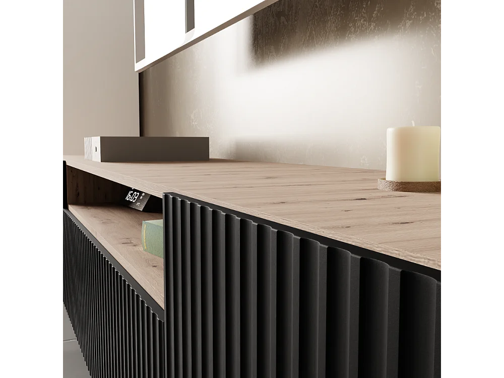 TV-Schrank Neo, Wohnwand, Lowboard, TV Ständer, Wohnwand, Wohnzimmer, TV Board, Fernseher, Highboard, Fernsehschrank, 200 cm, 3-türig, artisan, schwarz