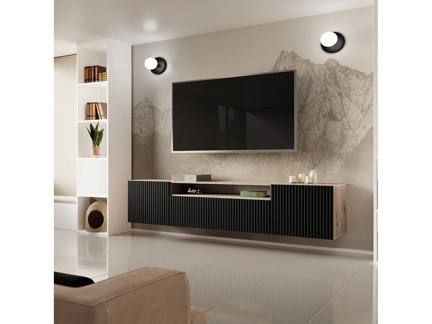 Meuble TV Neo, meuble haut, meuble TV, meuble TV mural, meuble de salon, meuble TV, meuble TV, meuble TV, 200 cm, 3 portes, artisan, noir