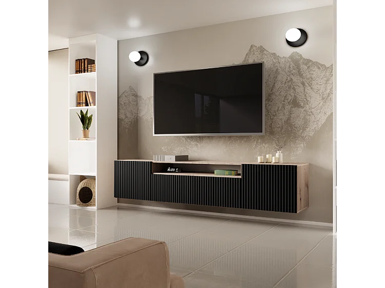 TV-Schrank Neo, Wohnwand, Lowboard, TV Ständer, Wohnwand, Wohnzimmer, TV Board, Fernseher, Highboard, Fernsehschrank, 200 cm, 3-türig, artisan, schwarz