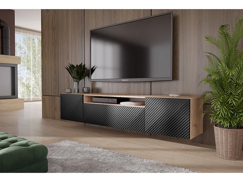 TV-Schrank Nicole Fernsehschrank TV-Lowboard 200 cm Design dreitürig Wohnzimmer Push-To-Open Funktion gefräste Fronten Wandmontage (Farbe: Eiche artisan, schwarz)