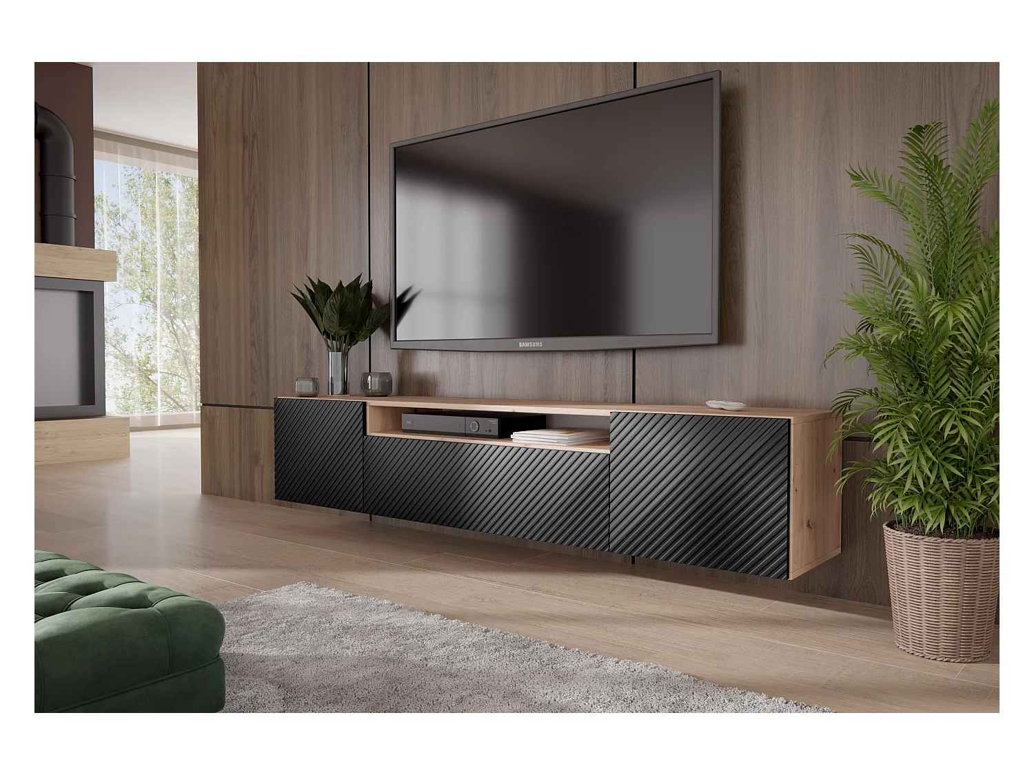 TV-Schrank Nicole Fernsehschrank TV-Lowboard 200 cm Design dreitürig Wohnzimmer Push-To-Open Funktion gefräste Fronten Wandmontage (Farbe: Eiche artisan, schwarz)