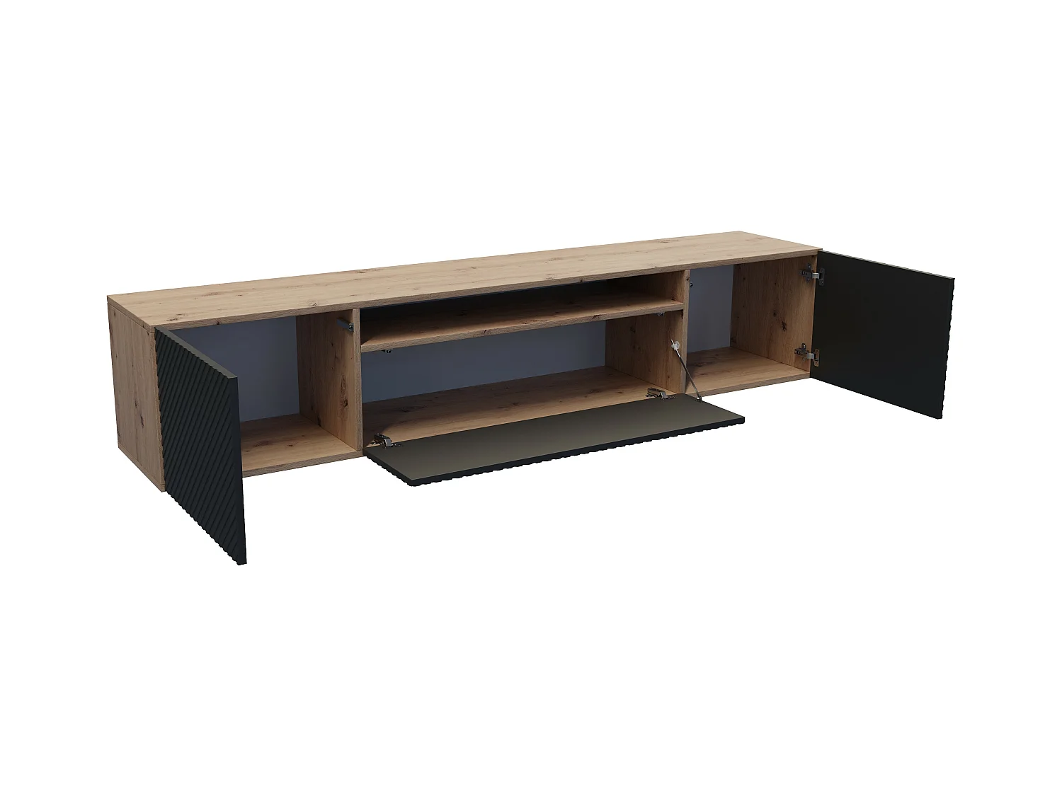 TV-Schrank Nicole Fernsehschrank TV-Lowboard 200 cm Design dreitürig Wohnzimmer Push-To-Open Funktion gefräste Fronten Wandmontage (Farbe: Eiche artisan, schwarz)