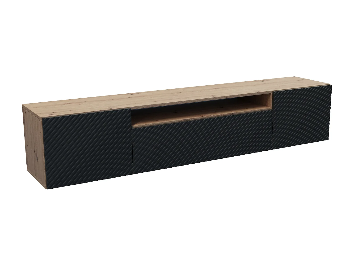 TV-Schrank Nicole Fernsehschrank TV-Lowboard 200 cm Design dreitürig Wohnzimmer Push-To-Open Funktion gefräste Fronten Wandmontage (Farbe: Eiche artisan, schwarz)