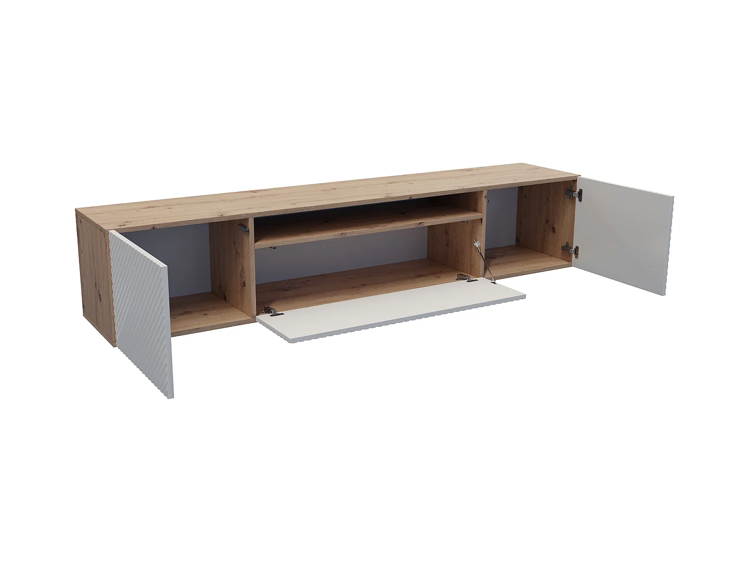 TV-Schrank Nicole Fernsehschrank TV-Lowboard 200 cm Design dreitürig Wohnzimmer Push-To-Open Funktion gefräste Fronten Wandmontage (Farbe: Eiche artisan, weiß)