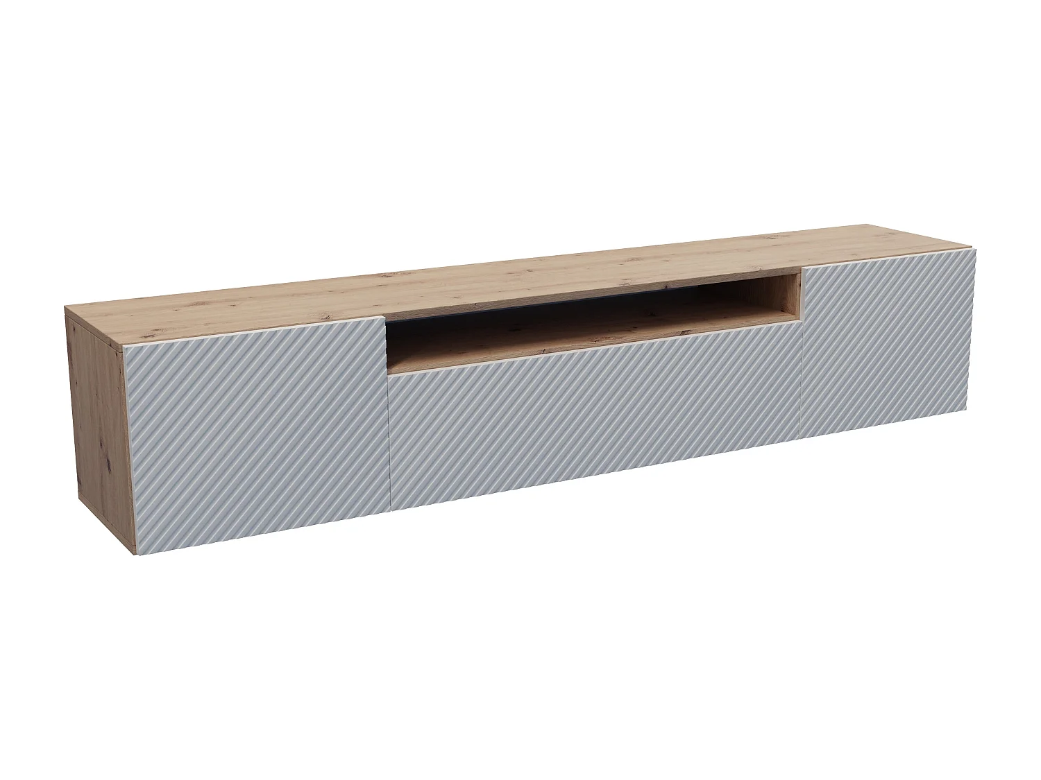 TV-Schrank Nicole Fernsehschrank TV-Lowboard 200 cm Design dreitürig Wohnzimmer Push-To-Open Funktion gefräste Fronten Wandmontage (Farbe: Eiche artisan, weiß)