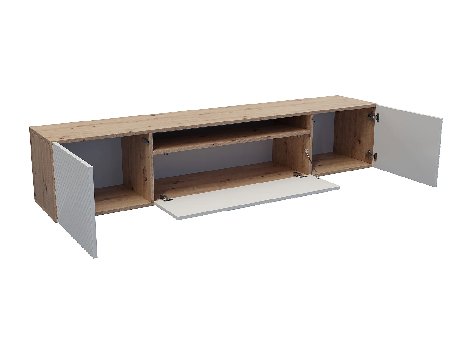 TV-Schrank Nicole Fernsehschrank TV-Lowboard 200 cm Design dreitürig Wohnzimmer Push-To-Open Funktion gefräste Fronten Wandmontage (Farbe: Eiche artisan, weiß)
