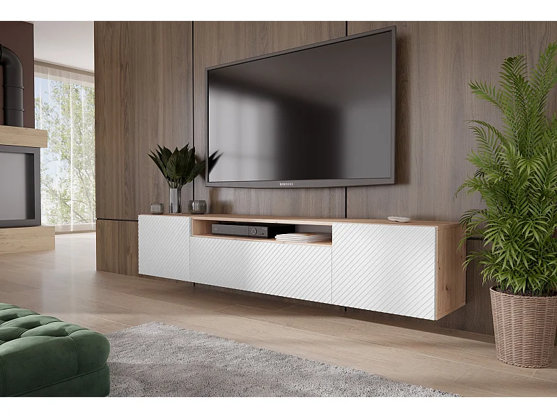 TV-Schrank Nicole Fernsehschrank TV-Lowboard 200 cm Design dreitürig Wohnzimmer Push-To-Open Funktion gefräste Fronten Wandmontage (Farbe: Eiche artisan, weiß)