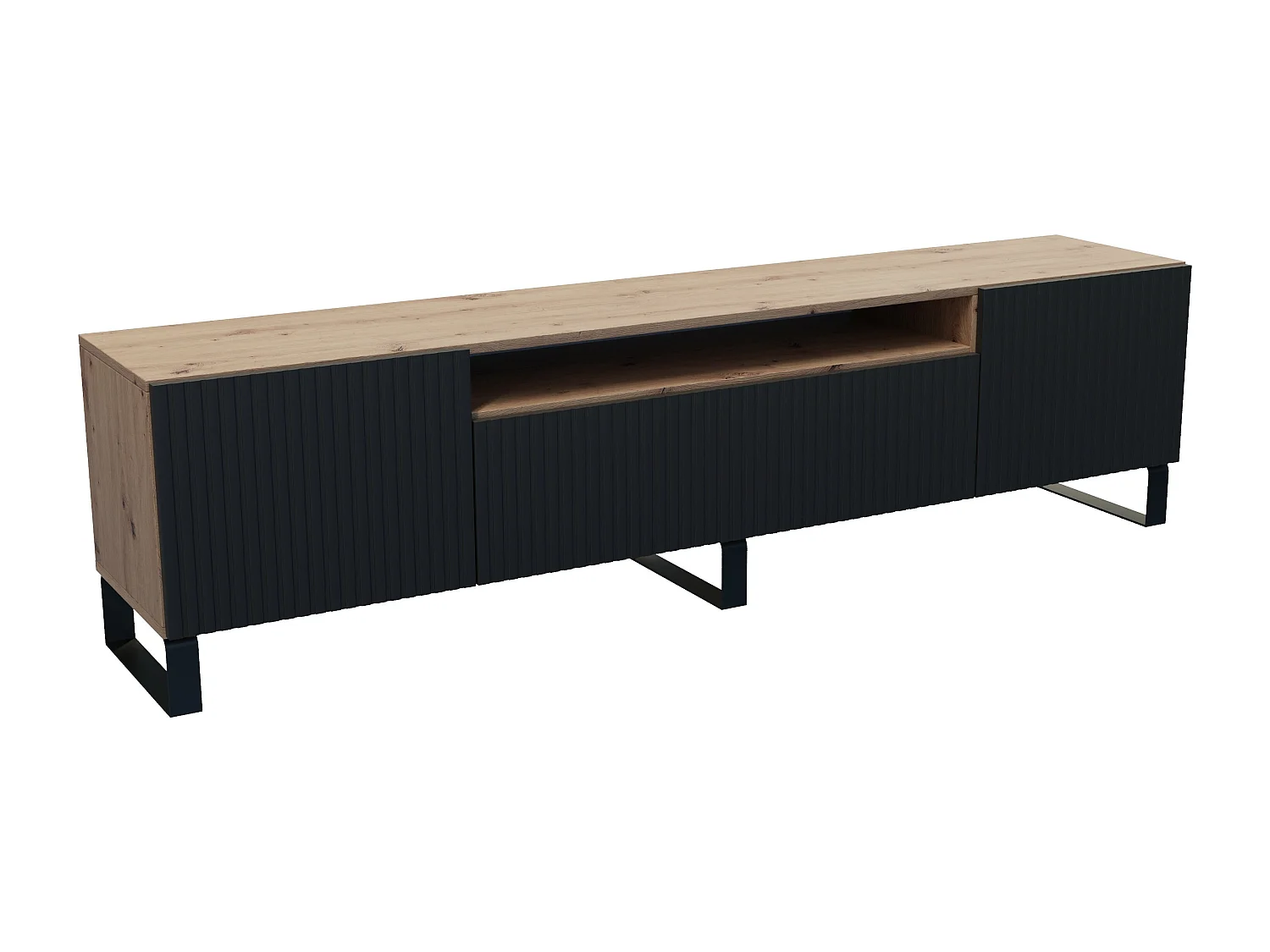 TV-Schrank Rico III Fernsehschrank TV-Lowboard 200 cm dreitürig Wohnzimmer Push-To-Open Funktion vertikal gefräste Fronten (Farbe: Eiche artisan, schwarz)