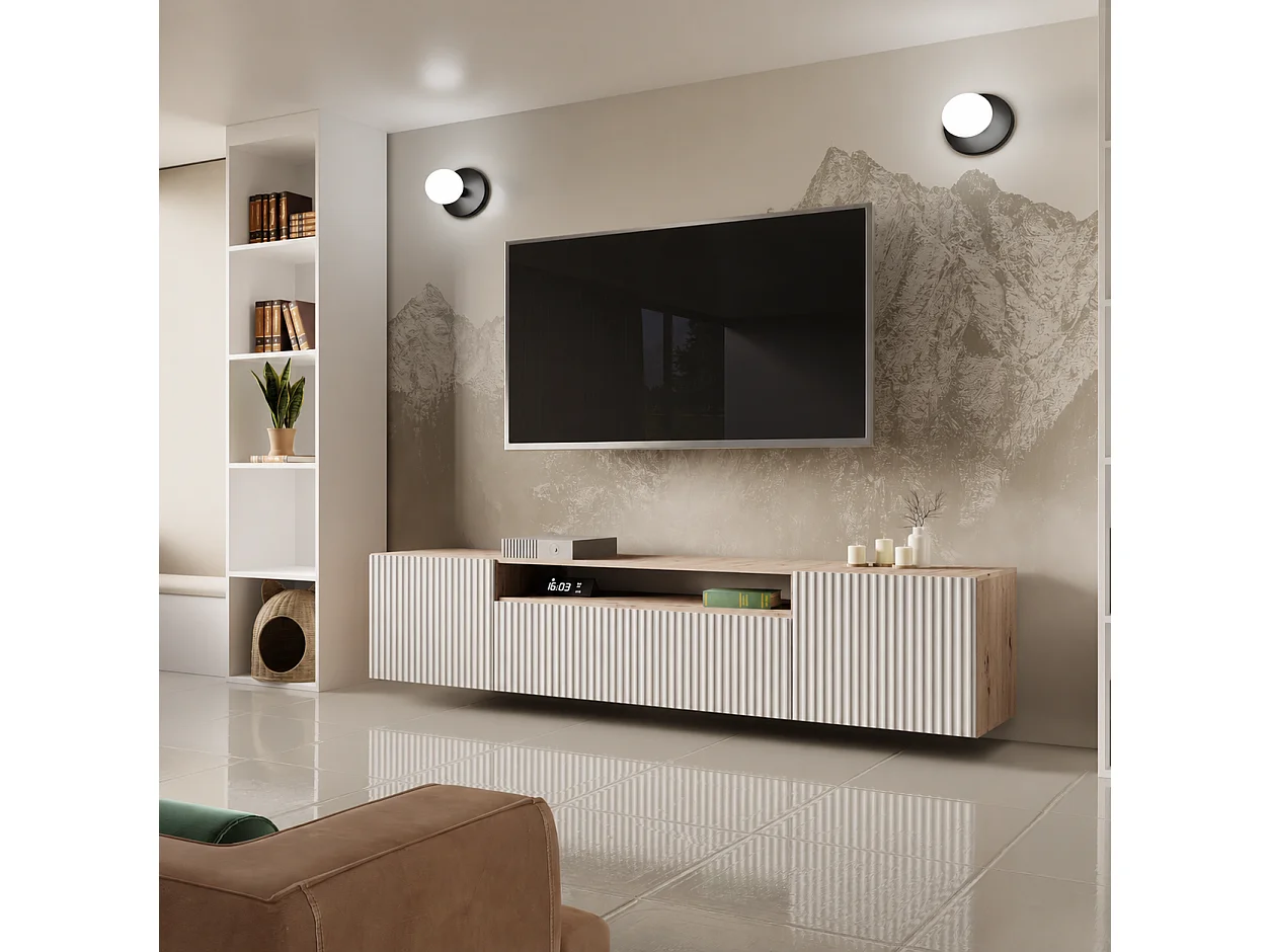 Meuble TV Neo, meuble haut, meuble TV, meuble TV mural, meuble de salon, meuble TV, meuble TV, meuble TV, 200 cm, 3 portes, artisan, blanc