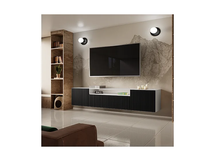TV-Schrank Neo, Wohnwand, Lowboard, TV Ständer, Wohnwand, Wohnzimmer, TV Board, Fernseher, Highboard, Fernsehschrank, 200 cm, 3-türig, weiß, schwarz