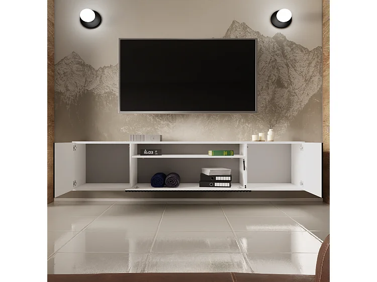 TV-Schrank Neo, Wohnwand, Lowboard, TV Ständer, Wohnwand, Wohnzimmer, TV Board, Fernseher, Highboard, Fernsehschrank, 200 cm, 3-türig, weiß, schwarz