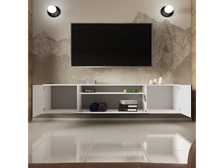 TV-Schrank Neo, Wohnwand, Lowboard, TV Ständer, Wohnwand, Wohnzimmer, TV Board, Fernseher, Highboard, Fernsehschrank, 200 cm, 3-türig, weiß, schwarz