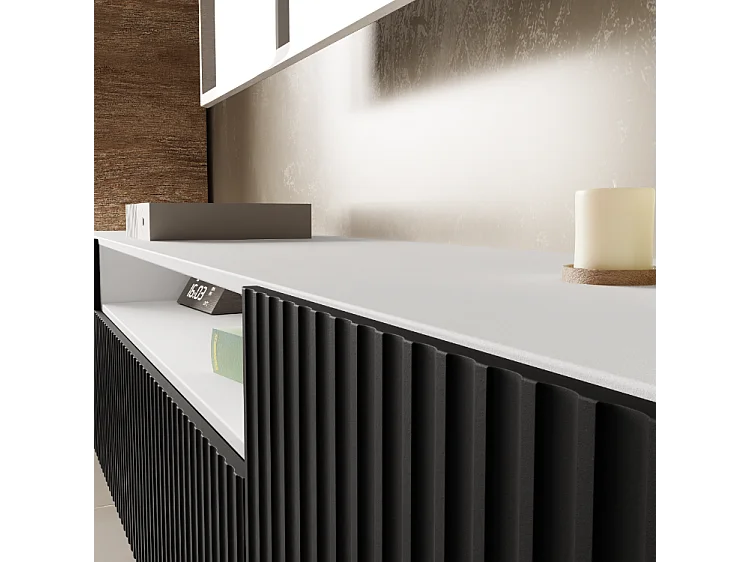 TV-Schrank Neo, Wohnwand, Lowboard, TV Ständer, Wohnwand, Wohnzimmer, TV Board, Fernseher, Highboard, Fernsehschrank, 200 cm, 3-türig, weiß, schwarz