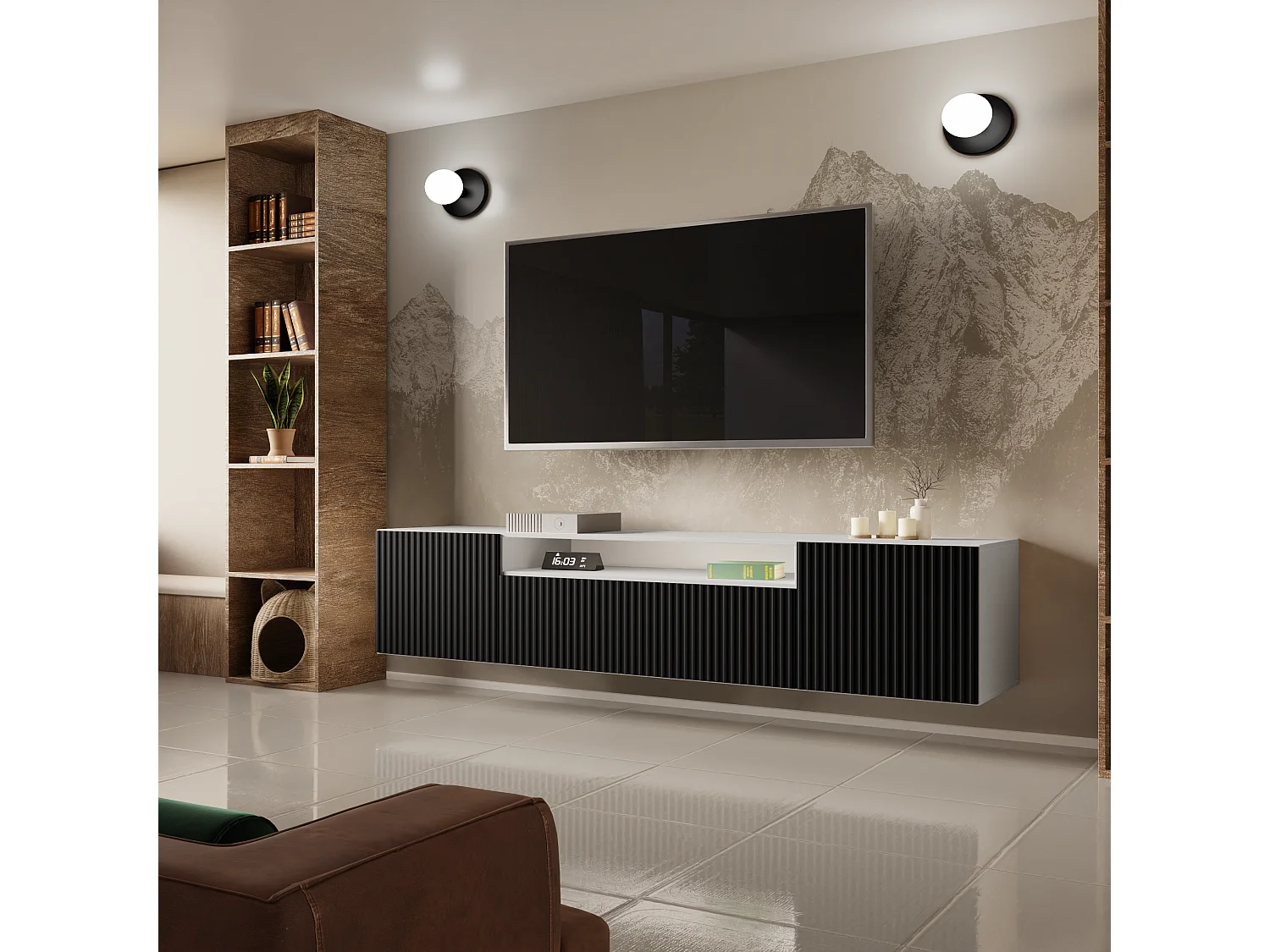Meuble TV Neo, meuble haut, meuble TV, meuble TV mural, meuble de salon, meuble TV, meuble TV, meuble TV, 200 cm, 3 portes, blanc, noir